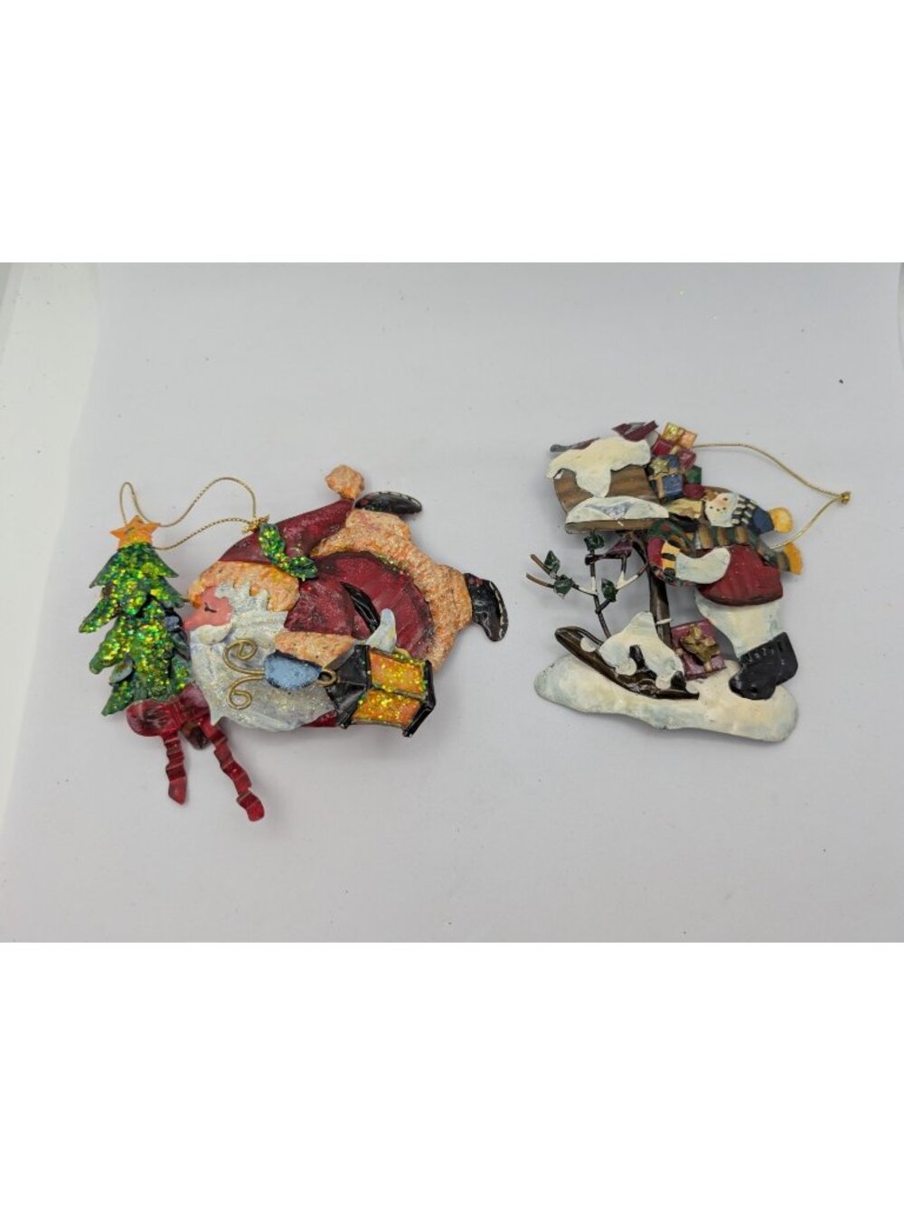 Ornaments Two Metal Cut-out Santa & Snowman  Whimsical 90s 4.5"